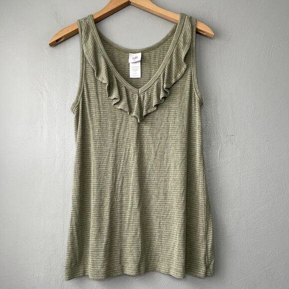 CAbi Size XS Wink Green Ribbed Knit Tank Top Striped Ruffled 6143 Feminine Boho - Picture 1 of 6